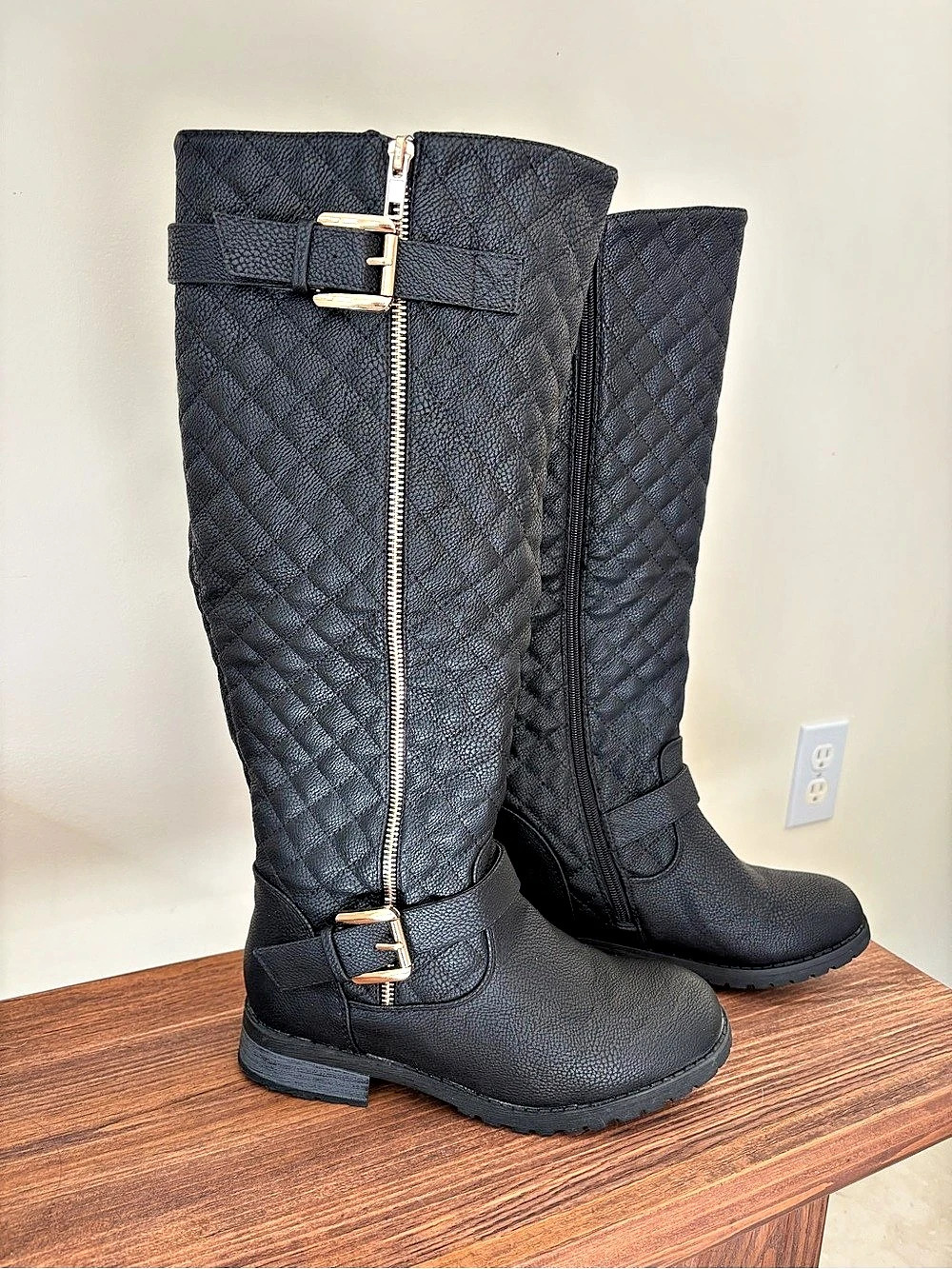 Black Quilted Tall Boots Gold-Tone Hardware